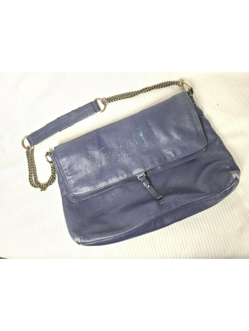 Malene Birger Leather Purse Chain Double Strap Navy Blue Fold Top Shoulder Worn